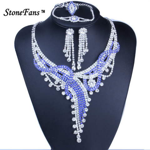 StoneFans Blue Necklace Set Statement Wedding Jewelry Sets Rhinestone Necklace Earrings Ring Bracelet Set Blue ► Photo 1/6