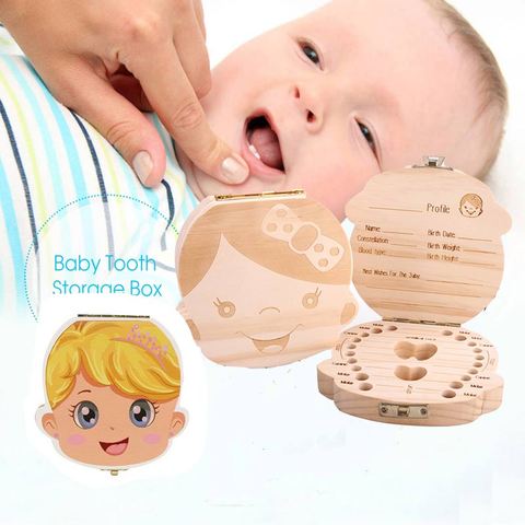 English Spanish Russia Text Baby Boy Girl Fallen Tooth Box Storage Natural Wood Case Save Milk Teeth Collection Organizer Holder ► Photo 1/6