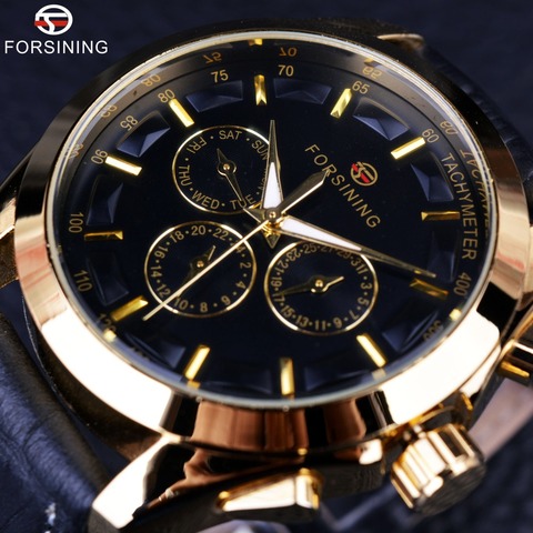 Forsining 2016 Retro Fashion Designer Three Dial Decoration Genuine Leather Golden Men Luxury Brand Automatic Mechanical Watches ► Photo 1/6