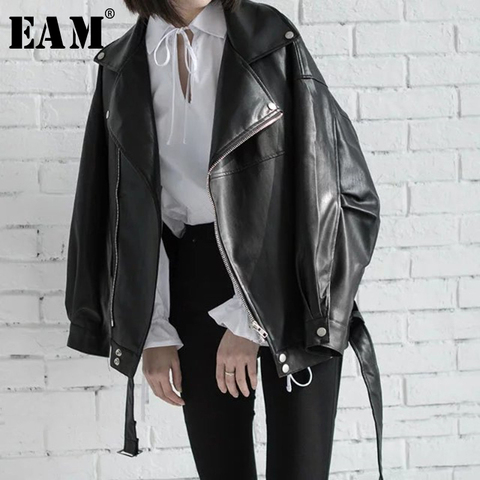 [EAM] High Quality 2022 Spring Black PU Leather Loose Turn-down Collar Zipper Fashion New Women's Wild Jacket LA938 ► Photo 1/4