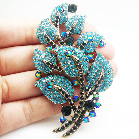 Gold-Tone Vintage Blue Crystal Rhinestone Leaf Woman Art Style Brooch Pin ► Photo 1/3