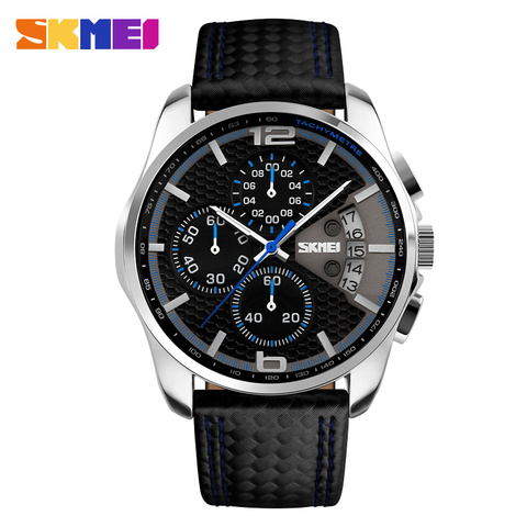 Men Sport Watches Fashion Quartz Military Wristwatch Waterproof Leather Band Stopwatch Luxury Brand Skmei Men's Watch ► Photo 1/6