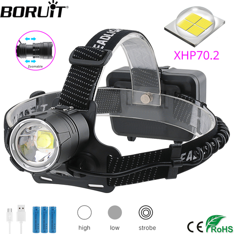 BORUiT XHP70.2 LED Powerful Headlamp 5000LM 3-Mode Zoom Headlight Rechargeable 18650 Waterproof Head Torch for Camping Hunting ► Photo 1/6