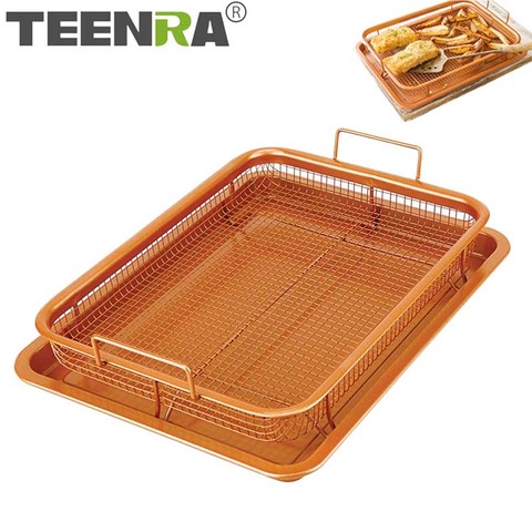 TEENRA Copper Baking Tray Oil Frying Baking Pan Non-stick Chips Basket Baking Dish Grill Mesh Kitchen Tools ► Photo 1/6