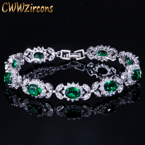 CWWZircons Luxury Emerald Green Crystal Women Jewelry Flower Chain Link Bracelet Bangle with White Cubic Zirconia Setting CB171 ► Photo 1/6