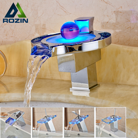 LED RGB Colors Basin Sink Faucet Deck Mount Waterfall Brass Bathroom Vessel Sink Mixer Tap Chrome Finish ► Photo 1/5