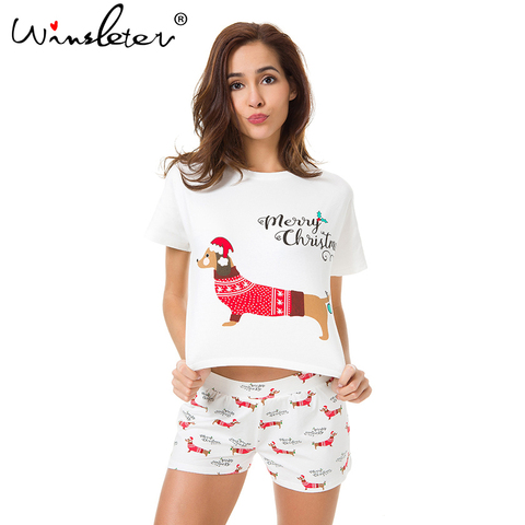 Christmas Pajama Sets Women Dachshund With Santa Hat Dog Print 2 Pieces Set Crop Top + Shorts Elastic Waist Loose pyjamas S7N001 ► Photo 1/6
