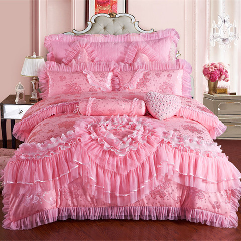 Pink Lace Princess Wedding Luxury Bedding Set King Queen Size Silk Cotton Stain Bed set  Duvet Cover Bedspread Pillowcase ► Photo 1/6