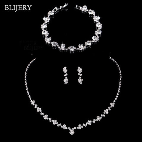BLIJERY Fashion Crystal Bridal Jewelry Sets Silver Color Geometric Choker Necklace Earrings Bracelet Wedding Jewelry Sets ► Photo 1/6