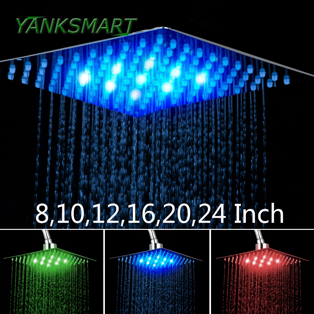 16 Inch Chrome LED Rainfall Shower Head Square Ultra Thin Overhead Top  Sprayer