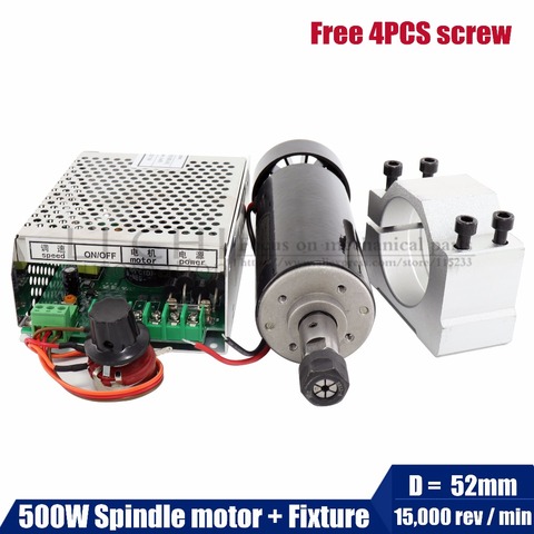 Free shipping 0.5kw Air cooled spindle ER11 chuck CNC 500W Spindle Motor + 52mm clamps + Power Supply speed governor For DIY CNC ► Photo 1/6