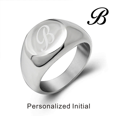 Personalised Initial Engrave Custom Stainless Steel Oval Signet Blank Plain Ring Band High Polished Silver Tone U.S.Size ► Photo 1/5