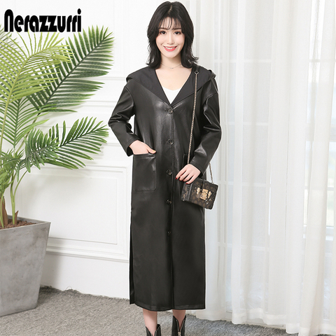 Nerazzurri Long faux leather coat women hooded maxi long sleeve black spring autumn slit big size Pu leather overcoat 5xl 6xl ► Photo 1/5