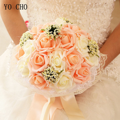 YO CHO Bridal Wedding Bouquet Bridesmaid Artificial PE Rose Flower Fake Pearl Pink Bouquet Wedding Supplies Festival Decorations ► Photo 1/6
