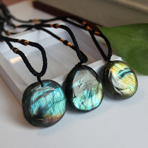 HOBBORN Classic Natural Labradorite Moonstone Stone Pendants & Necklaces Sunlight Shaped Energy Stone Women Men Healing Necklace ► Photo 1/6