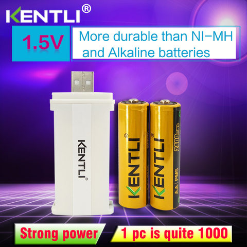2pcs 1.5V 2400mWh Kentli Lithium Rechargeable AA Li-polymer Li-ion Batteries + USB AA AAA smart Charger  ► Photo 1/1
