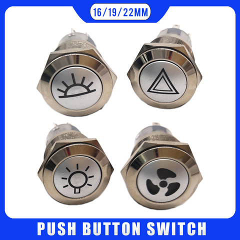 19mm Latching Metal LED Push Button Switch Dashboard warning car overhead light emergency signal lighting ventilation fan switch ► Photo 1/6