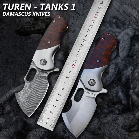 TURENZ-Damascus DC53 Steel Blade Folding Knife Carbon Fiber Wooden Handle Camping Pocket Knives Hunting Tactical EDC Tool ► Photo 1/6
