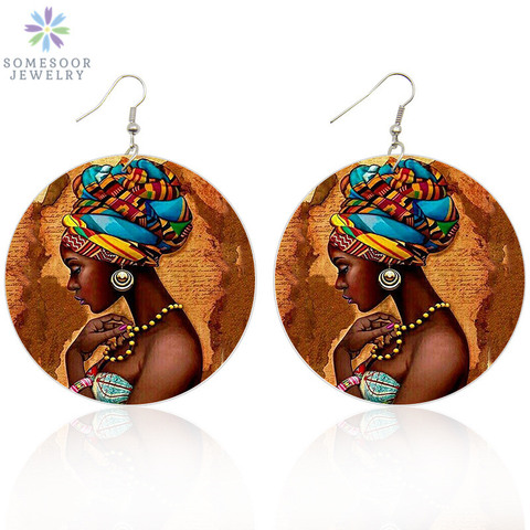 SOMESOOR Vinatge African Headwrap Woman Wood Drop Earrings Afrocentric Ethnic Boths Side Painting Jewelry For Blacks Gifts 1Pair ► Photo 1/6