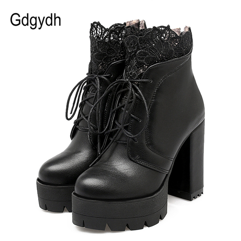 Gdgydh 2022 Autumn Women Lacing Platform Boots High Heels Female Black Platform Heels Spring Short Boots Ladies Shoes for Party ► Photo 1/6