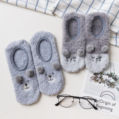 2 Pairs Cute Cartoon Gray Animal Fluffy Socks Women Anti-skid Floor Socks Winter Thick Warm Home Bed Fur Socks Cheap Sokken ► Photo 1/6