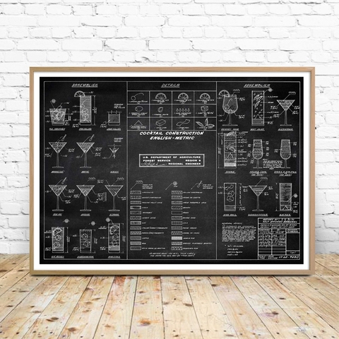 Cocktail Chart Wall Art Prints And Poster Bartender Gift Cocktail Recipe Canvas Painting Wall Picture Bar Pub Alcohol Art Decor ► Photo 1/6