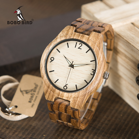 BOBO BIRD Men Watch Top Brand Luxury Zebra Wooden Watches With Full Real Wood Band Quartz Watch in Wooden Gift Box ► Photo 1/1