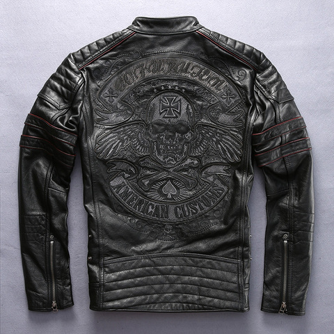 Factory 2022 Men Retro Vintage Leather Biker Jacket Embroidery Skull Pattern Black Slim Fit Men Winter Motorcycle Coat M-4XL ► Photo 1/5