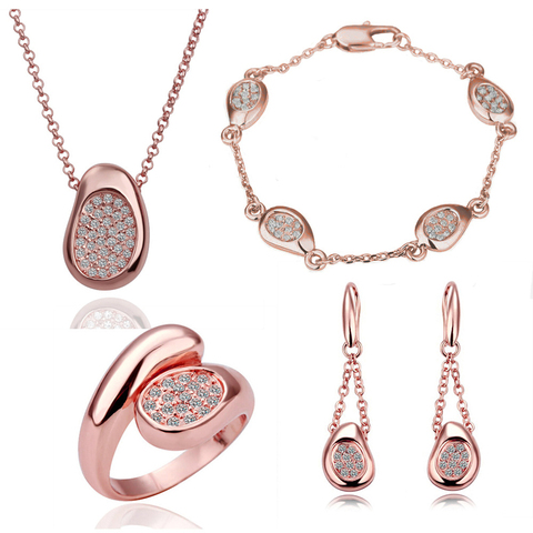 Wholesales  GP Full Rhinestone Pea Shape Pendant Necklace+Earrings+Bracelet+Ring Fashion Brand Jewelry Set ► Photo 1/1