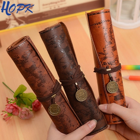 Retro Treasure Map Pencil Cases Luxury Roll Leather PU Pen Bag Pouch For Boy Girl School Stationery Supplies Cosmetic Bag ► Photo 1/1