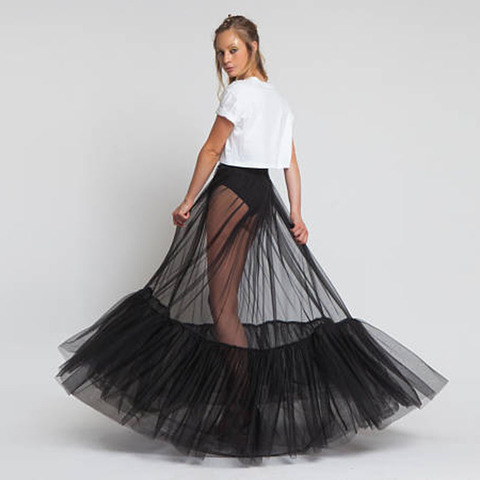 Sheer One Layer Black Maxi Skirt See Through Women Black Long Tulle Skirt with Unique Ruched Edge 2022 New Design NO LINING ► Photo 1/6