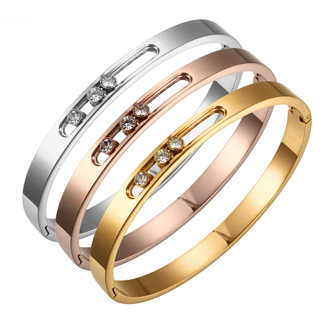 CZ Gold Stainless Steel Woman Bracelet Bangle Crystal Rhinestones Sliding Luxury Wedding Party Band Wristband Jewellery Gift ► Photo 1/6