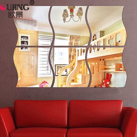 12*10cm*6pcs 3D Acrylic Mirror Surface Smooth Wavy Shape Wall Sticker Bedroom Living Room Bathroom Decoration Art Mural Poster ► Photo 1/1