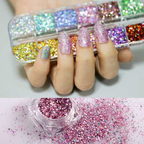 Mixed style 12 Color Nail Dust Sets Holo  Dazzling Nail Glitter Sequins   round mickey  Flakes Manicure Decoration Nail Art Tip ► Photo 1/6