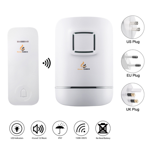 IP47 Waterproof Wireless Doorbell,Door Bell Chime,No Need Battery,Self-Powered Transmitter Button,Plug-in Receiver,32 Ringtones ► Photo 1/6
