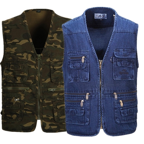 b men Oversize S-5XL Denim Vests Men Cotton Multi Pocket Jean Jacket Male Brand Military Waistcoat masculina jaquetas ► Photo 1/6