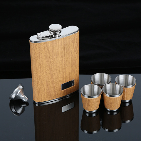 Creative 9 Oz Stainless Steel Hip Flask Set With 1 Funnel and 4 Cups Wooden Whiskey Wine Bottle Retro Alcohol Pocket Flagon ► Photo 1/6