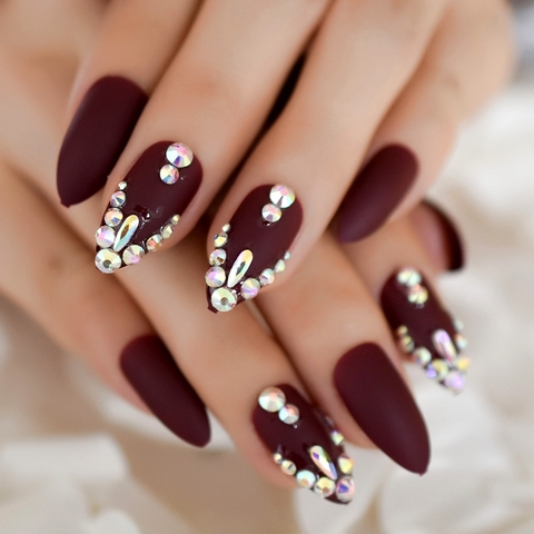 3D Shinning Rhinestones Matte Burgundy Stiletto Fake Nails Oval Almond Pointed Frosted Press on Designs False Wear Nail ► Photo 1/6