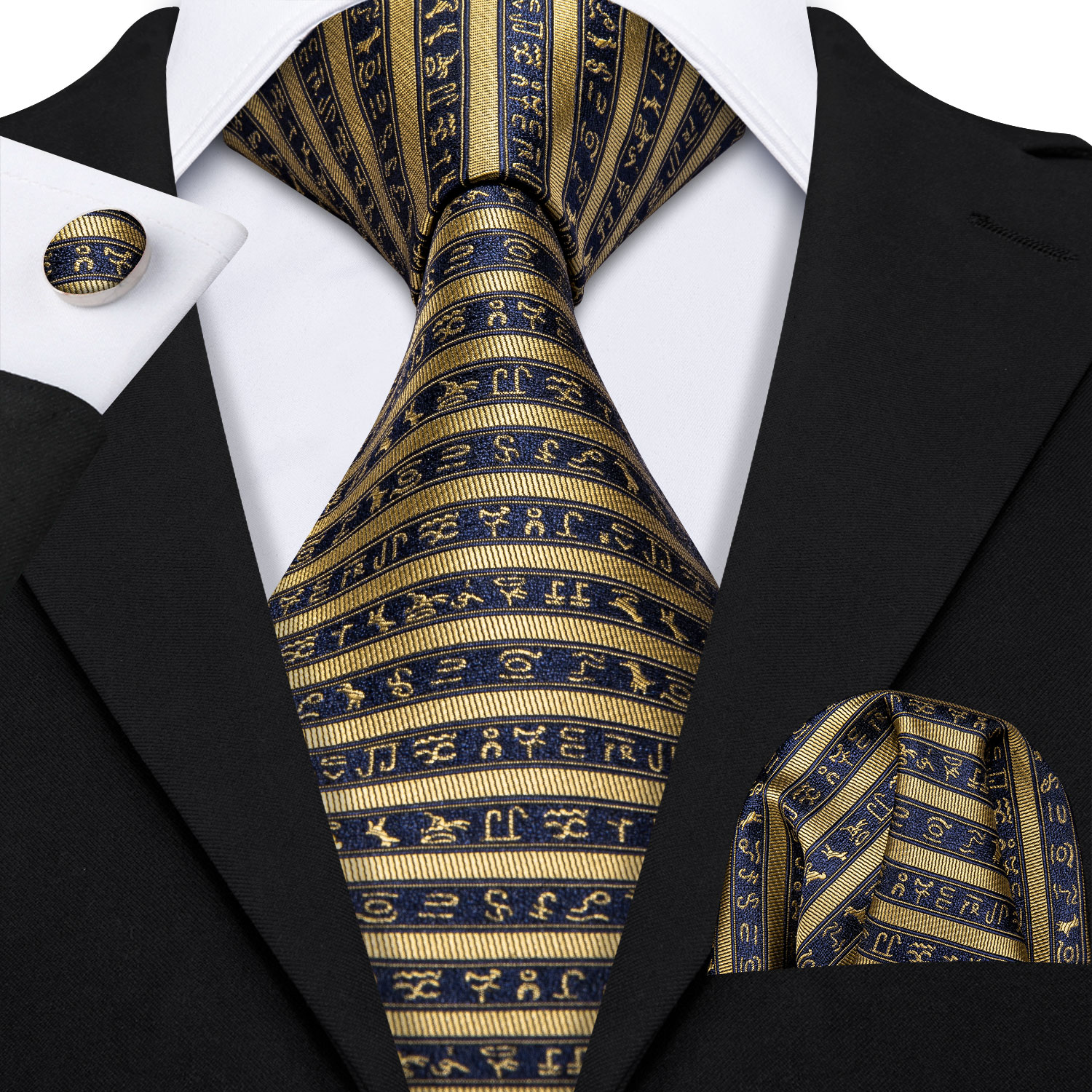 Black Blue Striped Classic Silk Necktie Tie Hanky and Cufflinks Set For Men