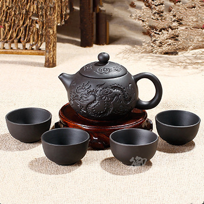 Chinese tea pot yixing zisha purple clay tea pot small kungfu pot three tea cups 