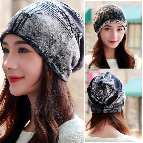 LongKeeper Women Hat Polyester Adult Casual Floral Women's Hats Spring Autumn Two Used Female Cap Scarf 3 Colors Fashion Beanies ► Photo 1/6