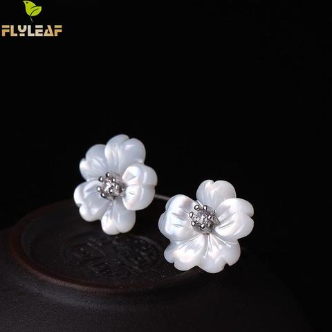 Flyleaf 100% Sterling Silver Shell Carvings Flowers Stud Earrings For Women Fashion Cubic Zirconia High Quality Jewelry ► Photo 1/6