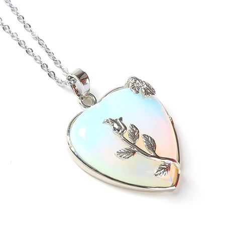 Natural Heart Stone Pendant Chain Necklace Opal Love Necklace Silver Color Leaf Flower Wire Wrapped Quartz Crystal Pendant Women ► Photo 1/6