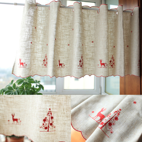 Christmas Decoration Holiday Short Kitchen Curtain Linen Material Red Elk Embroidered ► Photo 1/1