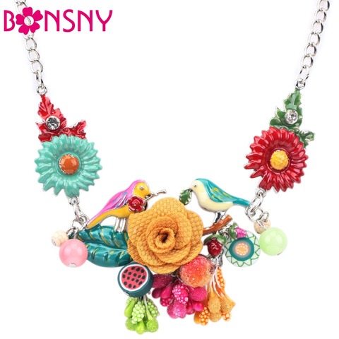 Bonsny Statement Choker Enamel Flower Necklace Alloy Bird Metal Chain Pendants 2016 New Jewelry For Women Charm Accessories ► Photo 1/6