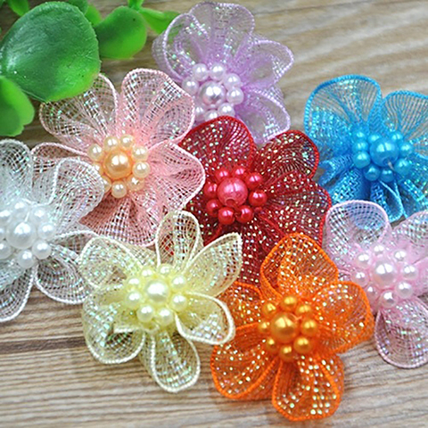 10 Pcs Mixed Color Mini Organza Ribbon Bead Flower Wedding DIY Craft Appliques  DIY Hair-bow Garment Sewing Accessories ► Photo 1/6