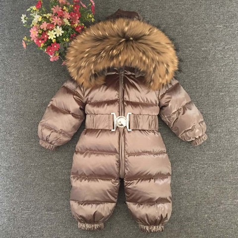 Russian Winter Boys Girls 1-5Y Winter Overalls Baby Rompers Duck Down Jumpsuit Real Fur Collar Children Outerwear Kids Snowsuit ► Photo 1/6