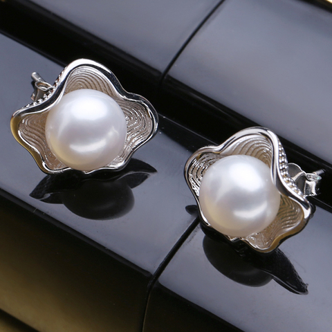 FENASY Genuine Natural Freshwater Pearl Earrings Vintage Shell Design Stud Earrings For Women 925 Sterling Silver Jewelry ► Photo 1/2