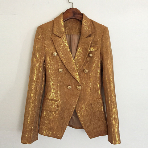 maxsmarts 2018 Designer Womens Lion Metal Buttons Double Breasted Blazer Jacket Outer Coat Gold 