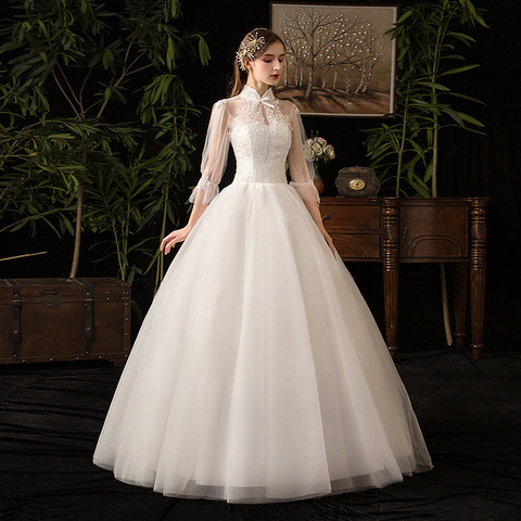 2022 New High Neck Three Quarter Sleeve Wedding Dress Sexy Illusion Lace Applique Plus Size Vintage Bridal Gown Robe De Mariee L ► Photo 1/6